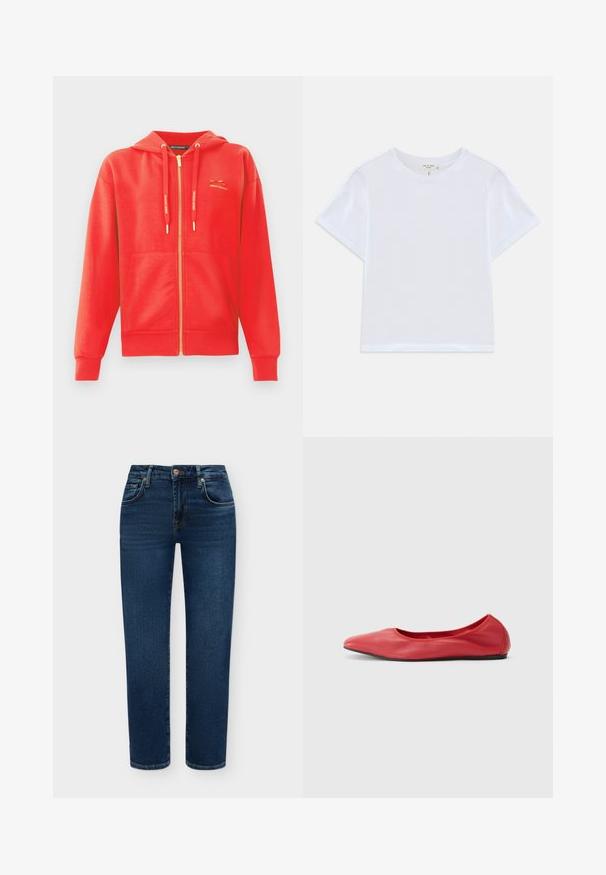 Hoodie rouge zippé avec une texture lisse, poches kangourou, capuche à cordon et logo doré en accent sur la poitrine.; T-shirt blanc court en coton doux, avec un col rond et des manches courtes, d'ajustement légèrement décontracté. Pas de motifs ni d'accents.; Jean denim bleu foncé à jambes droites avec poches avant, passants de ceinture et fermeture à bouton sur un fond clair uni.; Filippa K REY FLATS - Ballerines - bright red