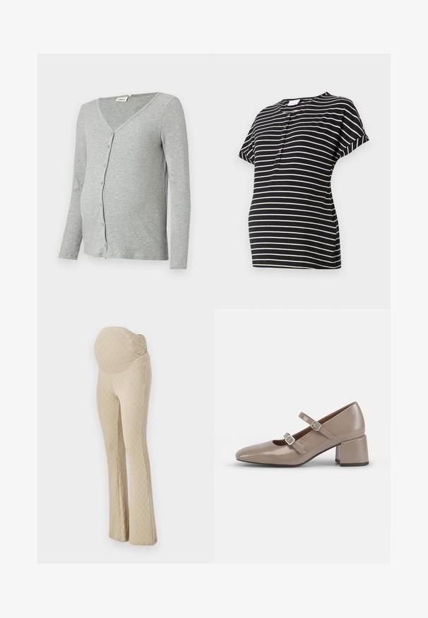 Halline hall ribaga emajumpsuit pikad varrukad, V-kaelus ja nupuga kinnitus ees. Pehme tekstuur ja kehakujuline lõige.; Musthave mustriba mustrõivaste T-särk lühikeste varrukatega, ümmarguse kaeluse ja esipaneelil nööbid. Pehme ja elastne kangas.; Beezid flared rasedus püksid, millel on tekstuuriga teemantimuster, kõrge elastse vöökoht, mis toetab kõhtu. Sile kangas. ; Beige patendiga Mary Jane kingad terava ninaga, kahte reguleeritavat rihma ja ploomikujulise, ruudu toe pintsliotsaga. Sujuv tekstuur ja minimaalne riistvara.