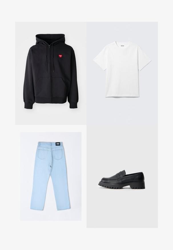 Sort zip-hoodie lavet af bomuldsblanding, med en frontlomme og et rødt hjerte-logo på venstre bryst. Glat tekstur, justerbar snørehætte.; Hvid kortærmet crewneck T-shirt lagt fladt ud, ensfarvet design, med "WEEKDAY" mærkat inde i kraven på en lys baggrund.; Lysblå denim jeans med afslappet pasform, fem-lomme design og et sort mærkelabel på taljen, med lige ben og subtil tekstur.; Sorte læder loafers med en rund tå, prydet med en dekorativ rem og en kraftig gummisål med dybe riller for grip.