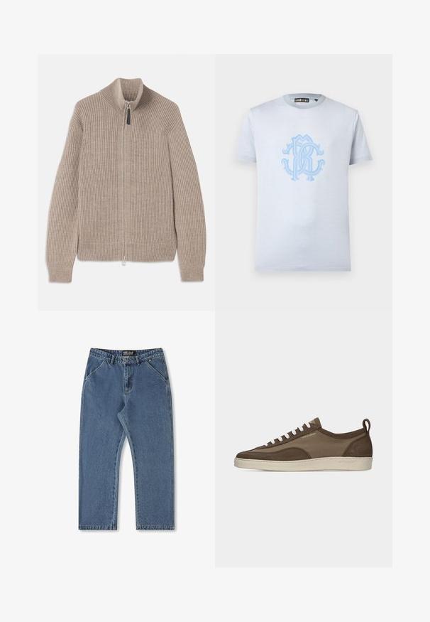 Beige strikket zip-up sweater med ribbet tekstur, høj krave og lange ærmer. Har en metallisk lynlås og ingen yderligere mønstre.; Lyseblå kortærmet T-shirt med rund hals og stort udsmykket blåt monogramlogo placeret midt på brystet.; Blå denimjeans med lige ben, medium talje og klassisk fem-lommer stil. Har subtil falming og syede detaljer.; Lavprofileret brun sneaker med hvide snørebånd, beige sål, stof og ruskindsoverdel, side pull-tab og "Tiger of Sweden" logo i guldtekst.