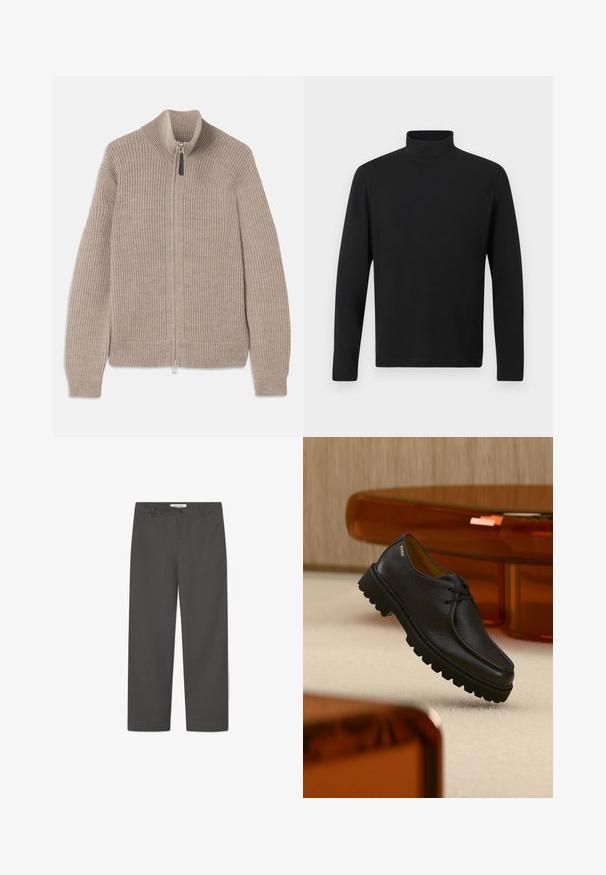 Beige neulevetokki, jossa on ribattu pinta, korkea kaulus ja pitkät hihat. Varustettu metallivetoketjulla eikä muita kuvioita.; Mustan kauluspaidan, joka on valmistettu sileästä kankaasta. Siinä on pitkät hihat ja korkea kaulus. Yksinkertainen muotoilu ilman lisäkuvioita tai korosteita.; WOOD WOOD WWHENRY - Housut - dark grey melange; Musta, kuvioidusta nahasta valmistettu nauhallinen kenkä, jossa on paksu, uritettu pohja ja "HUGO"-brändäys lähellä kantapäätä, esitetty beigen maton ja meripihkan sävyisen huonekalun edessä.