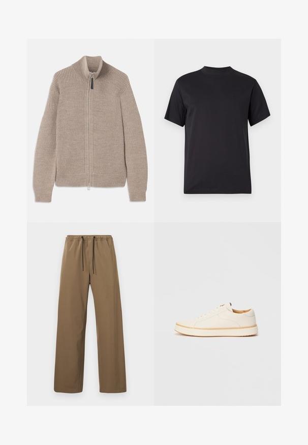 Beige strikket zip-up sweater med ribbet tekstur, høj krave og lange ærmer. Har en metallisk lynlås og ingen yderligere mønstre.; Sort t-shirt med korte ærmer, høj rund hals og almindelig pasform, vist på en ensfarvet lys grå baggrund.; Brune bukser med lige snit, elastisk talje og sorte snore, vist mod en ensfarvet lys baggrund.; Hvide lædersneakers med rund tå, enkel snørelukning, polstret indersål og en kontrasterende tan gummisål. Glat tekstur hele vejen igennem.