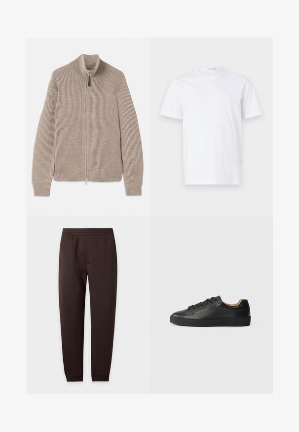 Beige strikket zip-up sweater med ribbet tekstur, høj krave og lange ærmer. Har en metallisk lynlås og ingen yderligere mønstre.; Hvid bomulds t-shirt med rund halsudskæring og korte ærmer. Glat tekstur, lige snit og minimalistisk design uden mønstre eller accenter.; Mørkebrune slim-fit joggingbukser med elastisk talje og ankelmanchetter, forreste sømdetalje på ensfarvet baggrund.; Sorte lavtop lædersneakers med tekstureret overflade, sorte snørebånd og tyk gummisål, vist fra siden på en lys baggrund.