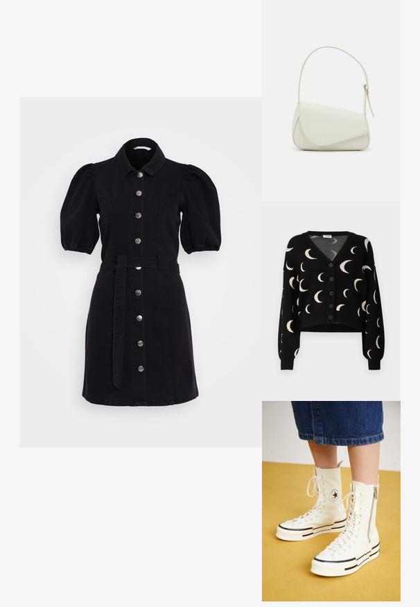Noisy May NMCHARLOTT V-NECK CARDIGAN - Cardigan - black; Sort denim skjortekjole med puffærmer, krave, frontlukning med knapper og et matchende bælte. Har en glat tekstur og en skræddersyet pasform.; Hvide høj-top sneakers med lynlåslukning, snørresystem og sorte striber på en tyk sål. Tekstureret kanvasmateriale.; Hvid taske i faux læder med en struktureret trekantet form, enkelt justerbart skulderstrop og en flaplås med kurver.