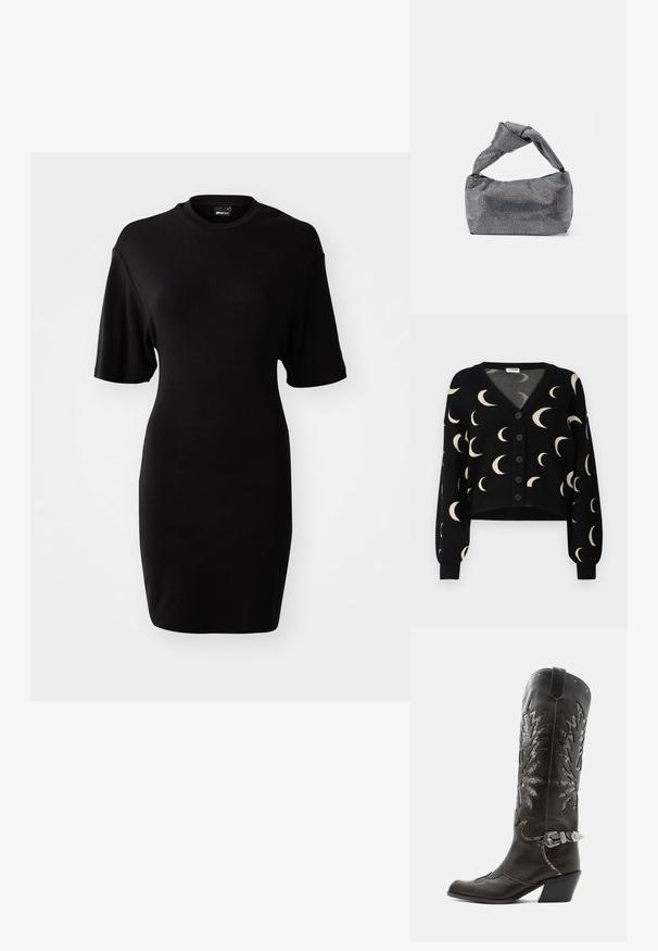 Noisy May NMCHARLOTT V-NECK CARDIGAN - Kardigán - black; Čierne šaty s krátkym rukávom vyrobené z jemnej tkaniny. Majú okrúhly výstrih a priliehavý strih s dĺžkou po kolená.; Čierna kožená kovbojská čižma s dekoratívnymi výrezmi, striebornou prackou a šikmým podpätkom, zobrazovaná na bielom pozadí.; Čierna a strieborná kabelka s textúrovaným povrchom so vzorom diamantov, s uzlovou rukoväťou a štruktúrovaným tvarom.
