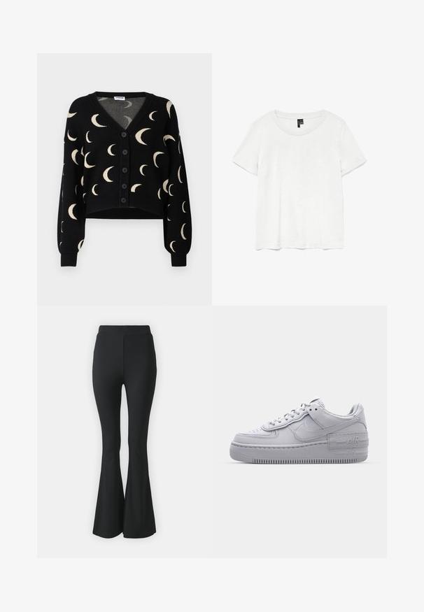 Noisy May NMCHARLOTT V-NECK CARDIGAN - Vest - black; Witte t-shirt met korte mouwen en een ronde hals, gemaakt van lichte stof. Eenvoudig ontwerp, gladde textuur en rechte zoom.; Zwarte flared broeken van rekbare stof. Heeft een hoge tailleband en een gladde, aansluitende pasvorm die vanaf de knie uitloopt.; Grijze Nike Air Force 1 sneaker met geperforeerde neus, glad leren bovenwerk, dikke zool en verhoogde 'AIR' details op de hiel.