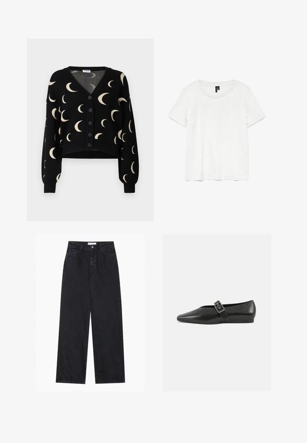Noisy May NMCHARLOTT V-NECK CARDIGAN - Cardigan - black; Hvid kortærmet t-shirt med rund halsudskæring, lavet af letvægtsstof. Enkel design, glat tekstur og lige kant.; Sorte højtaljede bredbenede denimjeans med frontknap og lynlås, bæltestropper og fem-lomme stil.; Sorte læder flade sko med spidse tæer, prydet med en metallisk spænde over vristen og en lav, fleksibel sål.