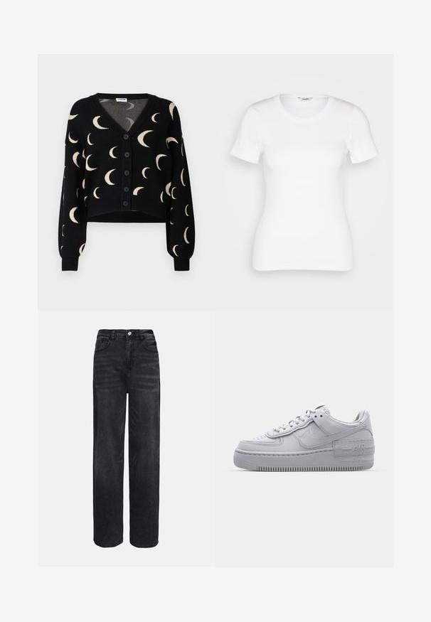 Noisy May NMCHARLOTT V-NECK CARDIGAN - Chaqueta de punto - black; Camiseta de algodón blanca con mangas cortas, cuello redondo y textura acanalada. Diseño ajustado con un acabado suave y limpio.; Pantalones vaqueros de mezclilla negra de pierna ancha con cintura alta, cinco bolsillos y cierre frontal de botón. Textura suave con un ligero efecto de desvanecimiento.; Zapatilla Nike Air Force 1 gris con puntera perforada, parte superior de cuero suave, suela gruesa y detalle en relieve 'AIR' en el talón.