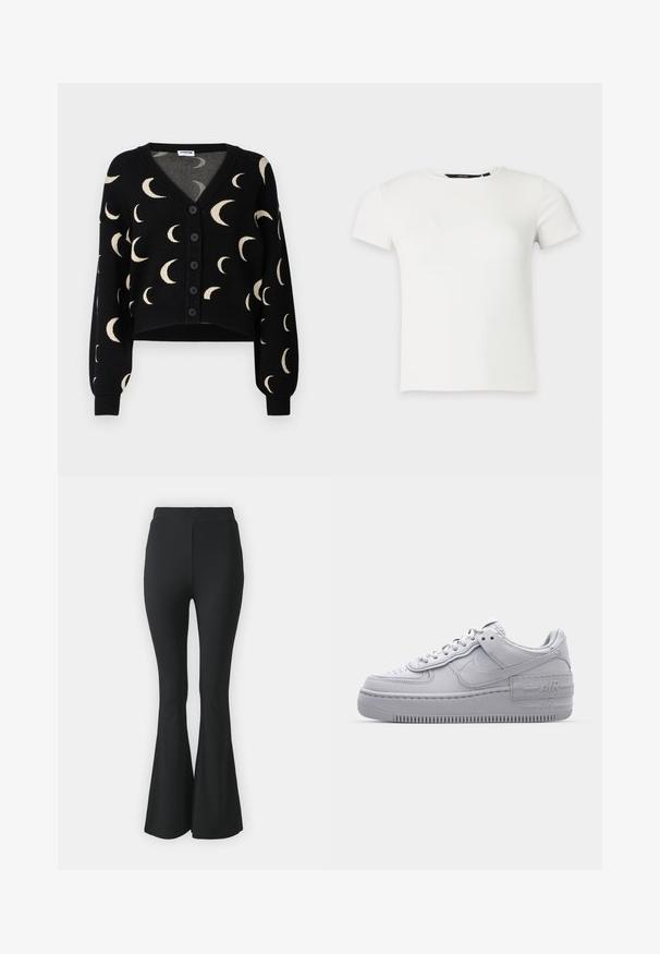 Noisy May NMCHARLOTT V-NECK CARDIGAN - Kardigán - black; Biele krátkym rukávom rebrované pletené tričko s okrúhlym výstrihom, zobrazené na jednoduchom svetlosivom pozadí.; Čierne rozšírené nohavice vyrobené z elastického materiálu. S vysokým pásom a hladkým, priliehavým strihom, ktorý sa rozširuje od kolena nadol.; Šedé tenisky Nike Air Force 1 s perforovanou špičkou, hladkým koženým zvrškom, hrubou podrážkou a embosovaným detailom 'AIR' na päte.