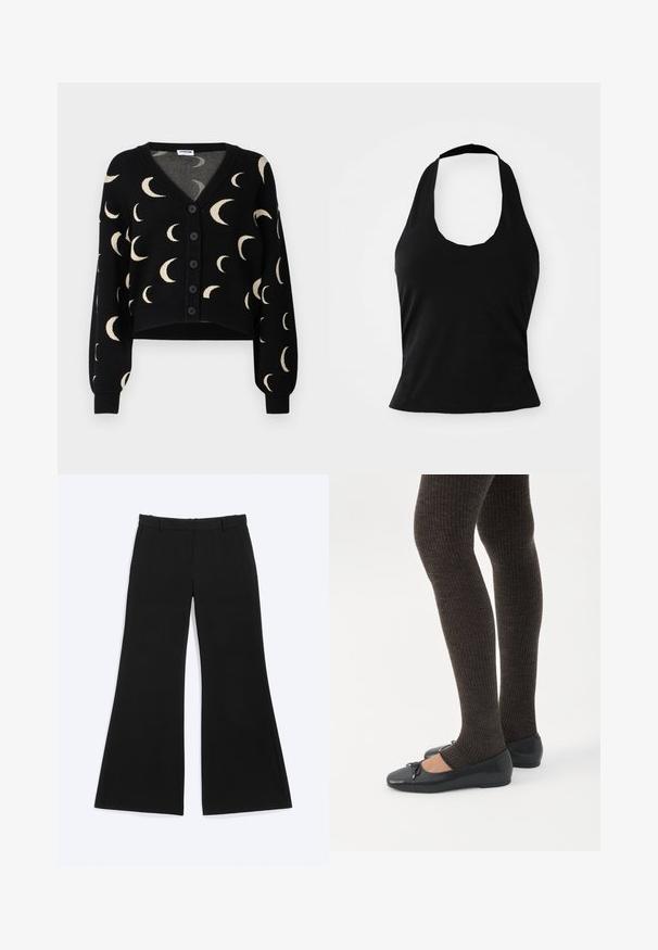 Noisy May NMCHARLOTT V-NECK CARDIGAN - Cardigan - black; Sort halterneck top lavet af blød stof, med en scoop halsudskæring og en tætsiddende silhuet, med en glat tekstur og uden synlige mønstre.; Sorte bukser med vide ben, bæltestropper og sidelommer, vist fladt på en hvid baggrund.; Ben iført mørke ribbede leggings kombineret med sorte balletsko med små sløjfedetaljer på hvid baggrund.