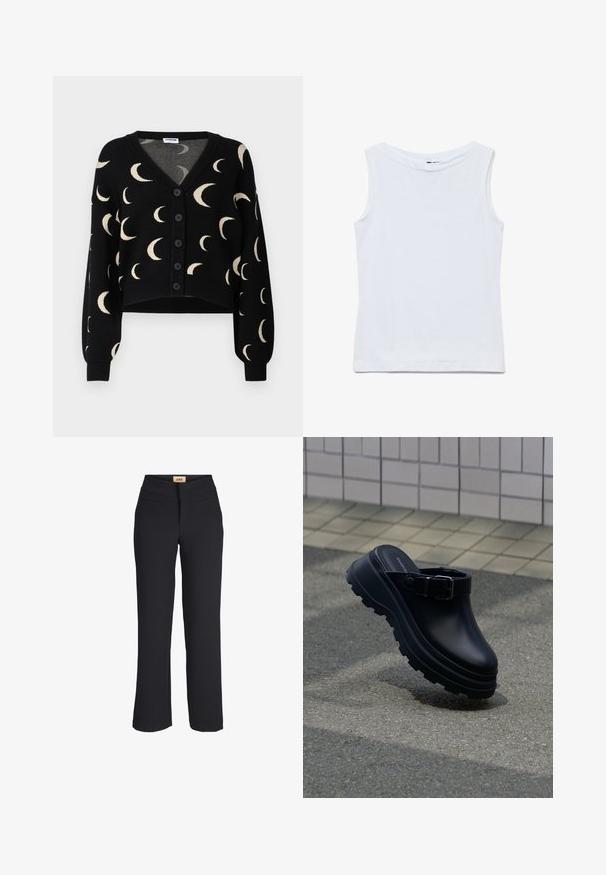 Noisy May NMCHARLOTT V-NECK CARDIGAN - Cardigan - black; Ærmeløs hvid bomuldstop med bred rund halsudskæring og lige kant, vist fladt på en hvid baggrund.; Sorte straight-leg bukser med høj talje, flad front og to vandrette forlommer, mærket JXJX ved taljen.; Sort slip-on træsko med tyk rillede sål og justerbar rem, placeret over asfalt med flisebelagt væg i baggrunden.