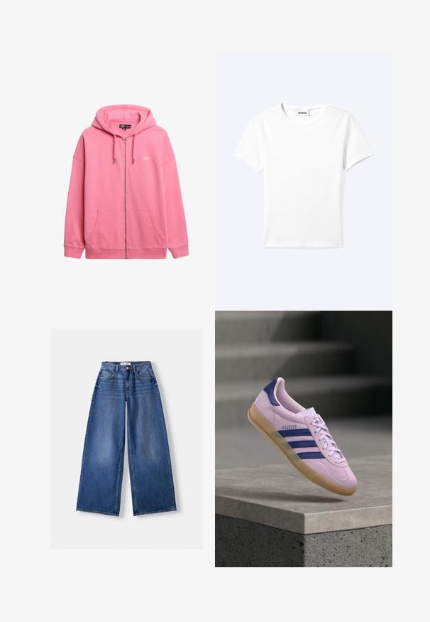 Lyserød zip-up hættetrøje lavet af bomuld, med snøre hætte, to frontlommer og et lille logo på brystet. Glat tekstur.; Ensfarvet hvid t-shirt med korte ærmer og rund halsudskæring med en lille "WEEKDAY" label indeni halskanten, vist fladt på en lys baggrund.; Bredbenet blå denimjeans med forlommer, bæltestropper og knaplukning, lagt fladt på en lys baggrund.; Lyse lilla Adidas Gazelle sneaker med marineblå striber og hælfane, gummisål, svævende over en stenhylde med slørede trapper i baggrunden.