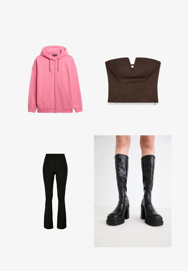 Lyserød zip-up hættetrøje lavet af bomuld, med snøre hætte, to frontlommer og et lille logo på brystet. Glat tekstur.; Brun struktureret crop top med en dyb V-udskæring, der har et tætsiddende design og en glat tekstur, hvilket fremhæver minimalistisk stil.; Sorte flagrende bukser lavet af strækbart stof, med en høj talje og en glat overflade. Ingen synlige metaldele eller mønstre.; Sorte knælange støvler i glat læder, med en tyk platform og blokhæle, samt stikninger langs kanterne.