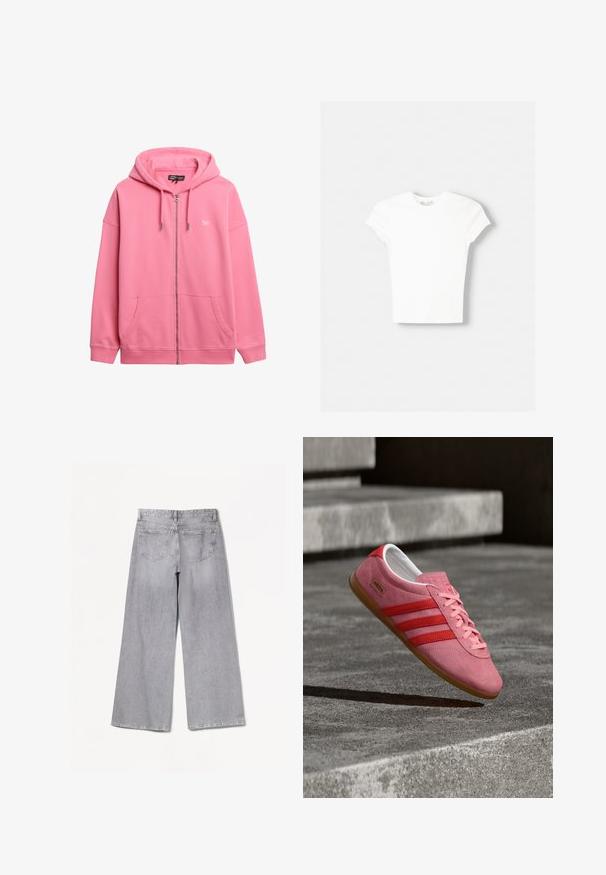 Haut à fermeture éclair rose en coton, doté d'une capuche avec cordon de serrage, de deux poches avant et d'un petit logo sur la poitrine. Texture lisse.; T-shirt blanc à manches courtes en coton doux, avec un col rond et une coupe ajustée. Pas de motifs ni d'ornements visibles.; Jean large gris à taille haute, avec une texture lisse, deux poches arrière et des détails de couture subtils.; Baskets en daim rose avec des rayures rouges, une semelle en caoutchouc et des lacets roses. Présentent le logo "Adidas Gazelle" sur le côté.