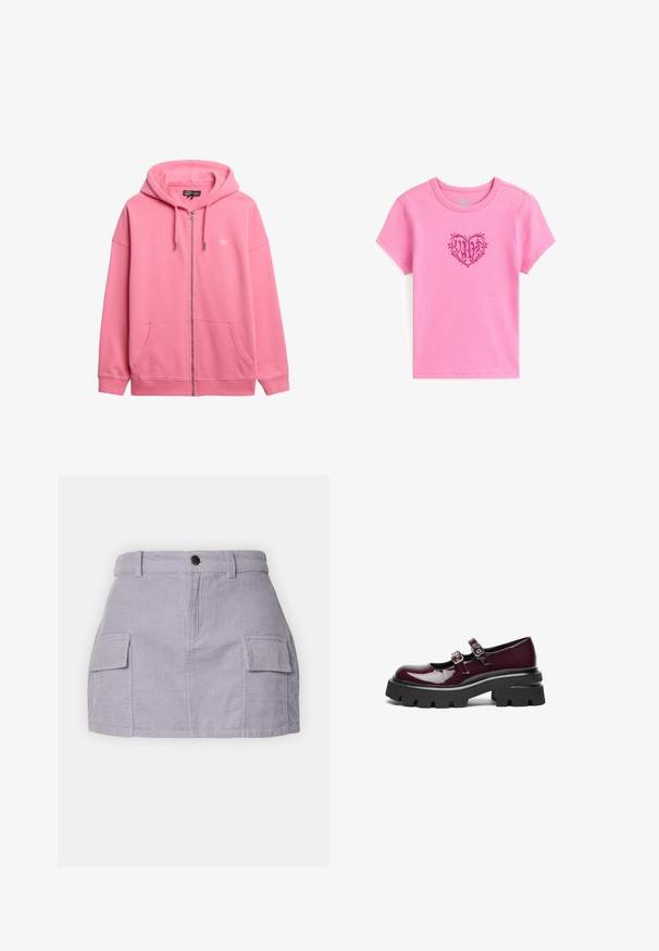 Lyserød zip-up hættetrøje lavet af bomuld, med snøre hætte, to frontlommer og et lille logo på brystet. Glat tekstur.; Lyserød bomulds-T-shirt med korte ærmer og rund hals. Har et hjerte-design med ordet "VANS" indeni, omridset i mørk lyserød.; Lys lilla corduroy miniskørt med lige snit, to sidelommer og lukning med knap foran. Struktureret stof med lodrette linjer.; Bordeaux patentlæder Mary Jane-sko med dobbelte spænde remme og tykke sorte gummisåler med dybe riller.