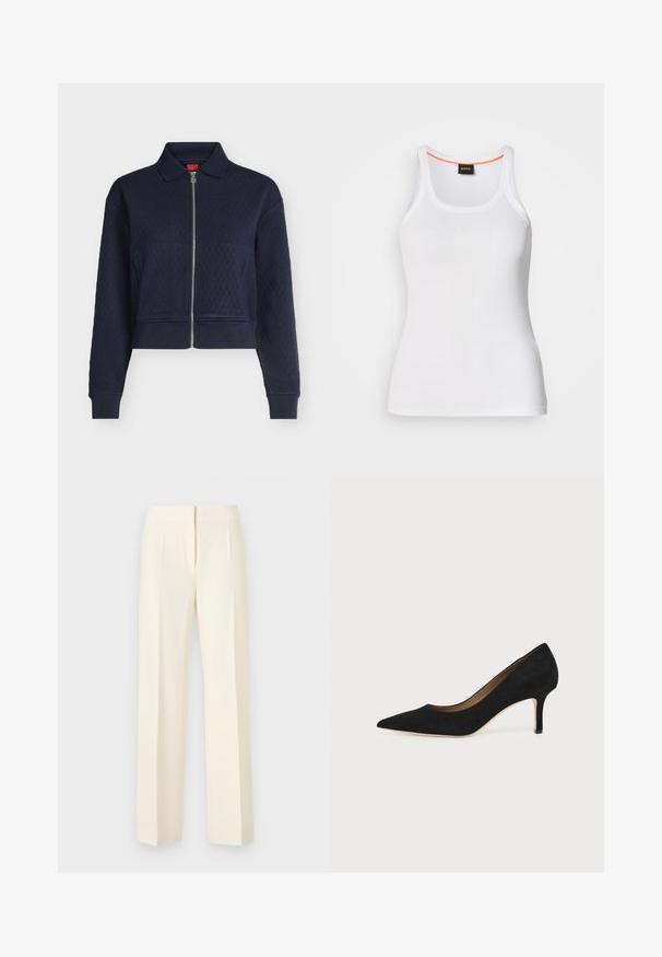 Veste matelassée bleu marine avec fermeture éclair complète devant, col, manches longues et poignets ajustés, courte à la taille.; Débardeur blanc côtelé avec un col rond, présentant un design à bretelles étroites et un accent orange le long de l'intérieur du col. Logo de la marque affiché.; Pantalon droit sur mesure couleur blanc cassé avec pli avant, ceinture et fermeture avant dissimulée sur un fond uni.; Escarpin en daim noir à bout pointu avec un talon stiletto fin de hauteur moyenne et un design à coupe basse sur un fond uni.