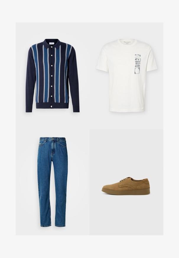 Polo de manga larga en azul marino con rayas alternas finas y gruesas en azul y blanco. Cuenta con un cierre de botones en la parte delantera y un cuello clásico.; Camiseta blanca de manga corta con cuello redondo y un gráfico rectangular abstracto negro en el lado izquierdo del pecho.; Jeans de mezclilla azul de pierna recta con cinco bolsillos y cierre frontal de botón sobre un fondo blanco.; Zapato casual marrón de ante con cordones y suela de goma plana, visto de lado sobre un fondo claro y liso.