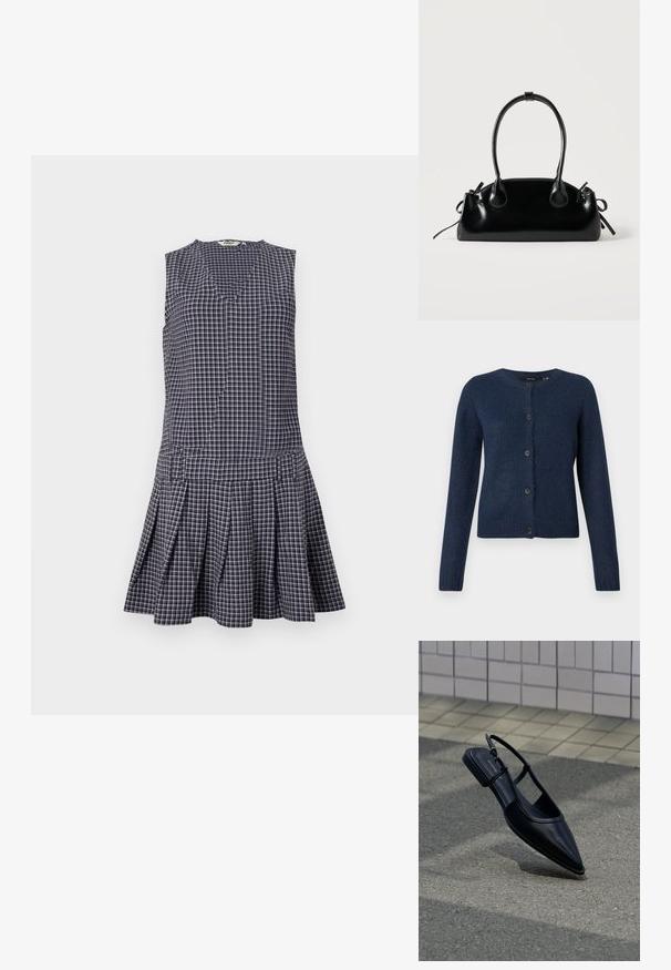 Marineblauwe cardigan van zacht, gestructureerd stof, met een ronde halslijn, lange mouwen en zes zwarte knopen aan de voorkant.; Marineblauwe geruite jurk met een V-hals, mouwloos ontwerp, geplooide rok en gestructureerde taille. Gemaakt van lichtgewicht stof.; Zwarte platte schoen met puntige neus en slingback, zwevend boven een asfaltoppervlak naast een betegeld trottoir.; Kleine zwarte glanzende handtas met twee lange hengsels en zijkant trekkoord details op een effen lichte achtergrond.