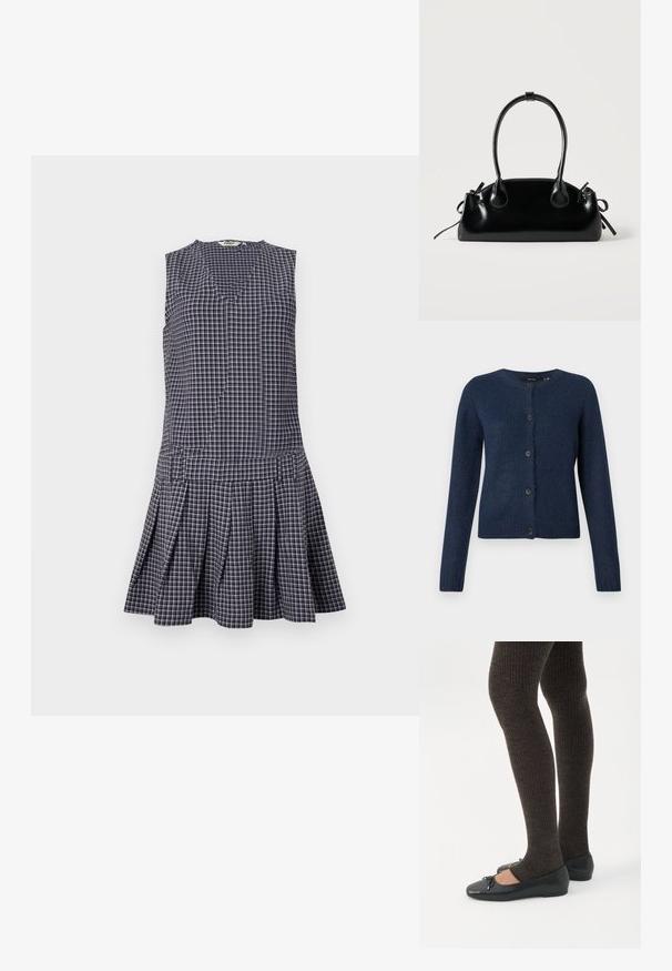 Cárdigan azul marino hecho de una suave tela texturizada, con un cuello redondo, mangas largas y seis botones negros en la parte delantera.; Vestido de cuadros en navy con escote en V, diseño sin mangas, falda con plisados y cintura estructurada. Hecho de una tela ligera.; Piernas con leggings oscuros acanalados combinados con bailarinas negras que presentan pequeños detalles de lazo sobre un fondo blanco.; Pequeño bolso negro brillante con dos asas largas y detalles de cordón lateral sobre un fondo claro liso.