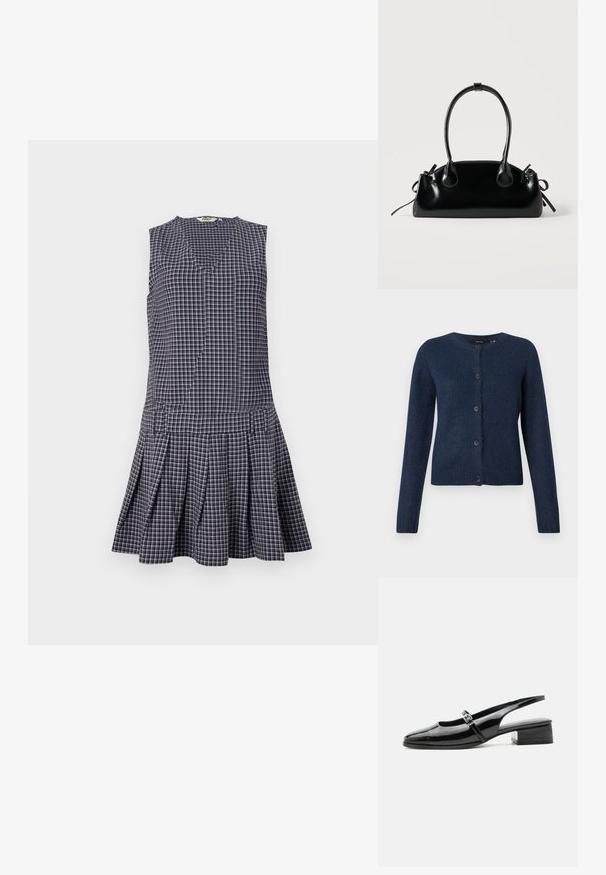 Cárdigan azul marino hecho de una suave tela texturizada, con un cuello redondo, mangas largas y seis botones negros en la parte delantera.; Vestido de cuadros en navy con escote en V, diseño sin mangas, falda con plisados y cintura estructurada. Hecho de una tela ligera.; Zapato slingback de charol negro con tacón bajo y grueso y una fina correa con hebilla de plata en la parte superior.; Pequeño bolso negro brillante con dos asas largas y detalles de cordón lateral sobre un fondo claro liso.