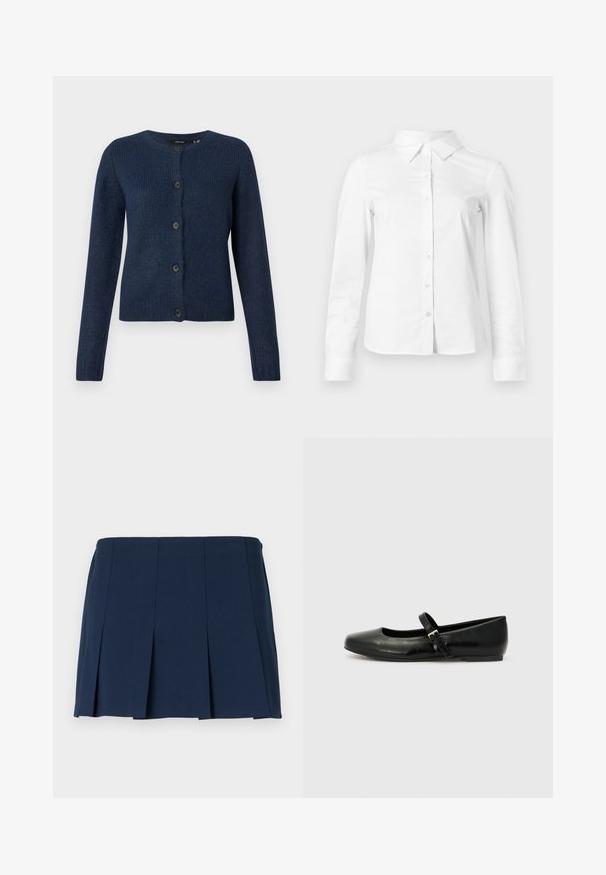 Cárdigan azul marino hecho de una suave tela texturizada, con un cuello redondo, mangas largas y seis botones negros en la parte delantera.; Camisa blanca de manga larga con botones, cuello puntiagudo, bajo recto y silueta ajustada, presentada sobre un fondo claro y liso.; Falda mini plisada de color azul marino con una cinturilla recta, hecha de una tela suave. Presenta costuras verticales a lo largo de los pliegues.; Bailarinas de cuero negro con punta redondeada, suela plana y una delgada correa ajustable en el empeine que cuenta con una hebilla de metal.