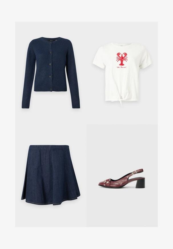 Marineblå cardigan lavet af blødt, tekstureret stof, med rund halsudskæring, lange ærmer og seks sorte knapper foran.; Hvid kortærmet T-shirt med knude foran, rød palietteret hummelgrafik og teksten "Feelin' Claw-some!" under hummelen.; Mørkeblå denim A-formet nederdel med sideslids og synlige syninger langs kanten og sømmene, vist på en ensfarvet lys baggrund.; Bordeauxfarvet læderslippersko med rund tå, buet design, sølvhardwaredetaljer og blokhæl. Tekstureret finish.