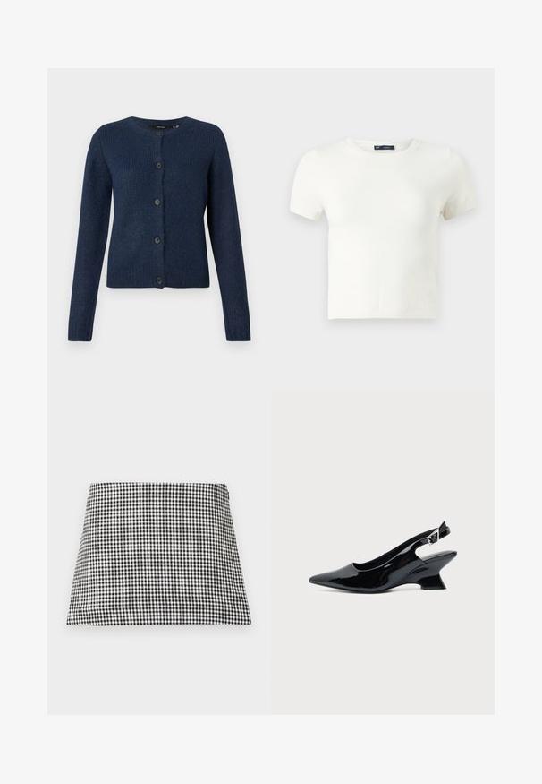 Cárdigan azul marino hecho de una suave tela texturizada, con un cuello redondo, mangas largas y seis botones negros en la parte delantera.; Camiseta blanca de manga corta fabricada con un material suave. Presenta un clásico diseño de cuello redondo y un ajuste slim, sin patrones ni acentos visibles.; Falda mini en línea A con estampado de cuadros en blanco y negro y cierre de cremallera lateral sobre un fondo liso.; Zapato slingback de cuero charol negro con puntera puntiaguda y tacón bajo en bloque inclinado sobre fondo claro liso.