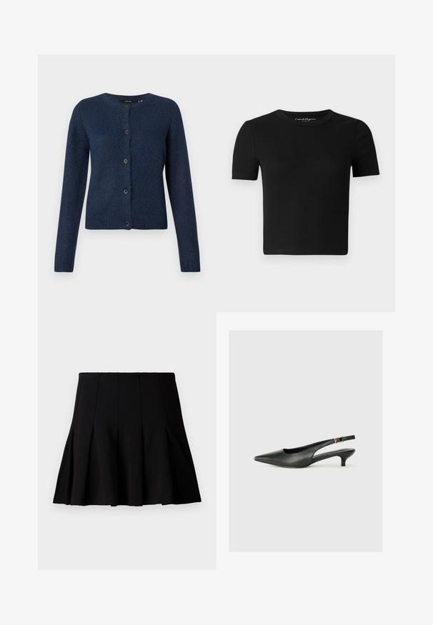 Gilet bleu marine en tissu doux et texturé, avec un col rond, des manches longues et six boutons noirs sur le devant.; T-shirt noir ajusté à manches courtes, texture côtelée et col rond. Design simple, sans logo ni ornement visible.; Jupe noire courte plissée en tissu lisse. Dispose d'une taille élastique et d'une silhouette évasée qui s'étend jusqu'au milieu de la cuisse.; Chaussure slingback noire à bout pointu en cuir lisse. Présente un talon fin et un détail de boucle sur la sangle réglable.