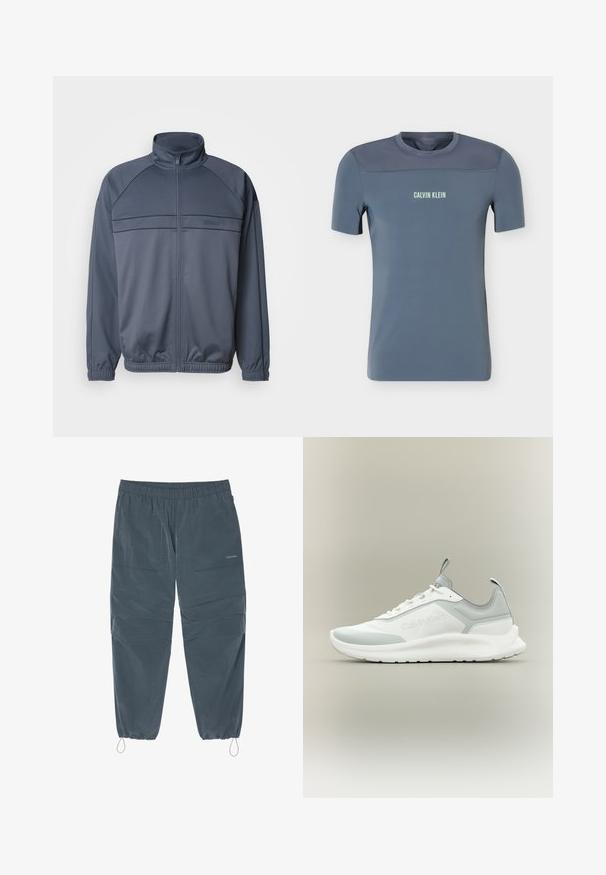 Gepolsterte Trainingsjacke aus dunkelgrauem Stoff mit Stehkragen, gerippten Bündchen und einer Brustdekoration mit horizontalen Linien.; Herren-Sportshirt in Blau mit kurzen Ärmeln, Mesh-Oberteil und "Calvin Klein"-Logo mittig auf der Vorderbrust.; Dunkelgraue elastische Bundhose mit seitlichen Reißverschlusstaschen und verstellbaren Kordeln am elastischen Saum, mit dezentem Calvin Klein-Logo.; Weißer und hellgrauer Calvin Klein Sneaker mit niedrigem Schaft, Schnürsenkeln, Zuglaschen an Zunge und Ferse und einer dicken strukturierten Sohle.