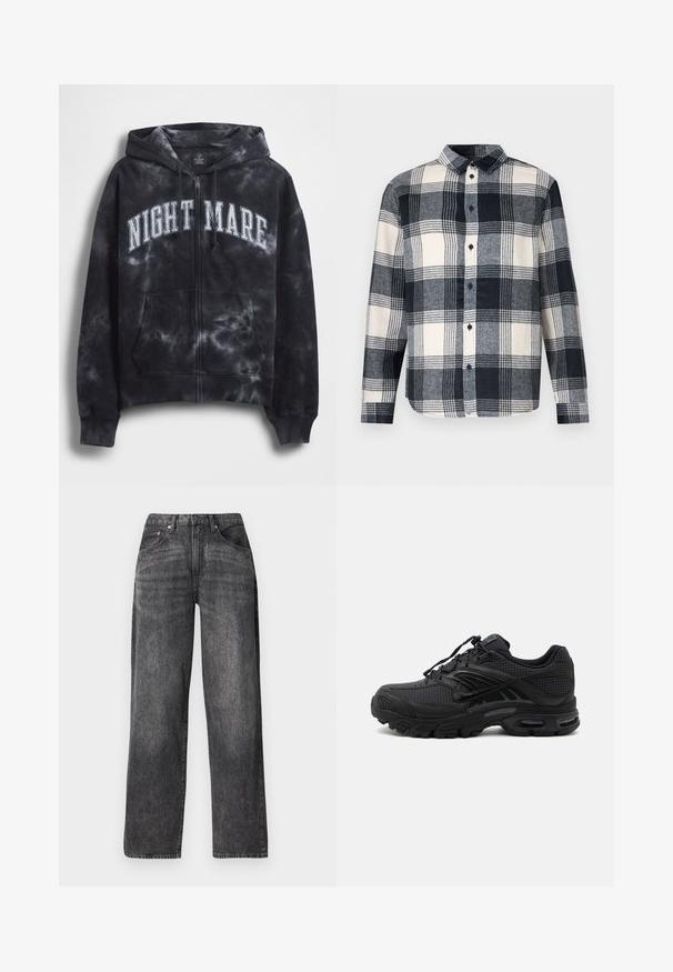 Must mustriline zip-up dressipluus valgete "NIGHT MARE" tähtedega üle rinna, kapuutsi ja esitaskuga. Tekstuuriga kangas.; Flanellist särk mereväe-, valge- ja halli ruudulise mustriga. Omab kraega, nööpidega kinnitust ja pikaid varrukaid sirge alläärega.; Mustad kõrge vöökohaga sirge säärega teksad, millel on ees ja taga taskud, vööaasad ning nähtavad õmblused.; Mustad sportlikud tossud tekstuurse kangaga, paksu polsterdatud tallaga, õhuavade ja paeltega kinnitusega, esitatud küljelt hele taust.