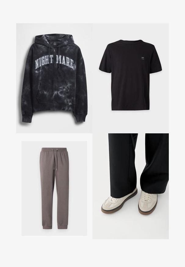Sort tie-dye hættejakke med lynlås og teksten "NIGHT MARE" i hvid tværs over brystet, med hætte og frontlomme. Tekstureret stof.; Sort kortærmet t-shirt med rund halsudskæring og en lille rektangulær lap på øverste venstre brystområde.; Grå bomulds joggingbukser med elastisk taljebånd, snøre, sidelommer og ribstrikkede manchetter ved anklerne. Glat tekstur og afslappet pasform.; Fødder iført beige sneakers med brune såler og sorte bukser med vide ben på hvid baggrund.