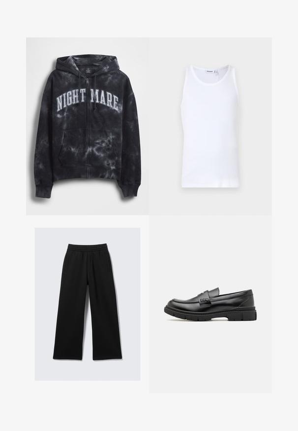 Sort tie-dye hættejakke med lynlås og teksten "NIGHT MARE" i hvid tværs over brystet, med hætte og frontlomme. Tekstureret stof.; Hvid bomulds tanktop med rund hals og brede stropper. Glat tekstur, ingen mønstre, enkelt design og mærkeetiket på halsudskæringen.; Sorte bukser med brede ben, elastik i taljen, to sidelommer og en glat tekstur. Designet for komfort og bevægelsesfrihed.; Sort læder loafersko med en bred rem over forfoden, gummisål med tykke mønstre og glat overflade. Klassisk, slankt design.