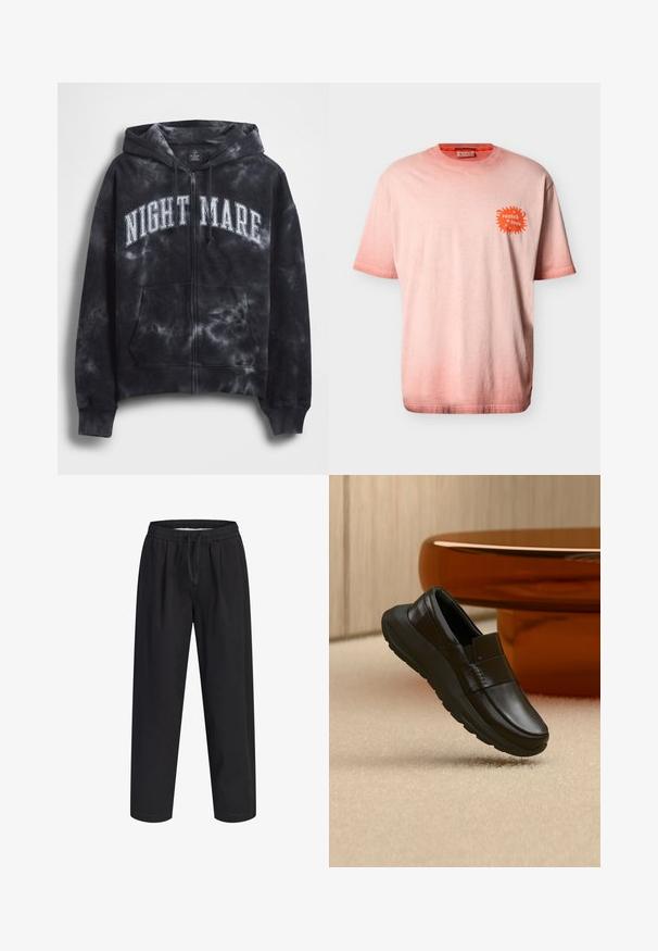 Sweat à capuche zippé tie-dye noir avec le texte "NIGHT MARE" en blanc sur la poitrine, doté d'une capuche et d'une poche avant. Tissu texturé.; T-shirt à manches courtes rose clair avec petit logo orange "scotch & soda" en haut à gauche de la poitrine et col rond.; Pantalon noir ample avec taille élastique et cordon, coupe droite, sans poches visibles, présenté sur fond blanc.; Mocassin en cuir noir avec une semelle épaisse, présenté au-dessus d'un tapis beige et près d'une base de table ronde couleur ambre.