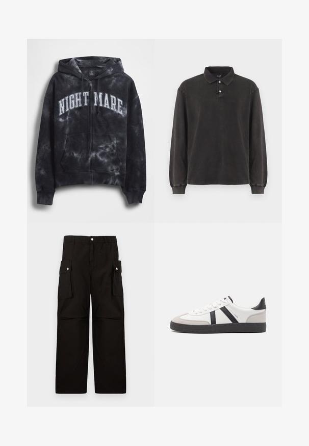 Sort tie-dye hættejakke med lynlås og teksten "NIGHT MARE" i hvid tværs over brystet, med hætte og frontlomme. Tekstureret stof.; Langærmet polo skjorte i mørkegrå stof, der har en klassisk krave, placket med tre knapper og ribbede manchetter. Blød tekstur med minimalistisk design.; Sorte cargo-bukser lavet af blødt stof, med elastisk talje, sidedroplommer med klapper og en løs, lige ben-design.; Hvide sneakers med sorte og grå detaljer, med en tekstureret grå tåhætte, sort gummisål og flade hvide snørebånd. Rent design, minimalistisk stil.
