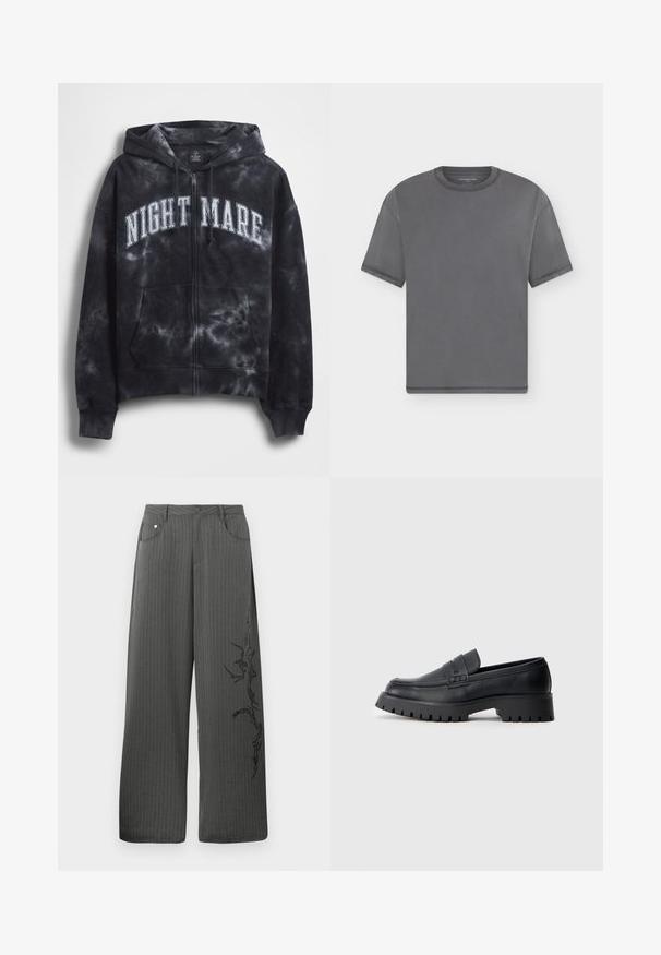 Schwarz batikfarbener Zip-Hoodie mit weißem "NIGHT MARE"-Schriftzug auf der Brust, mit Kapuze und Fronttasche. Strukturierter Stoff.; Schlichtes graues T-Shirt mit kurzen Ärmeln und Rundhalsausschnitt mit sichtbaren Nähten an Ärmeln, Ausschnitt und Saum auf hellem Hintergrund.; Weite, anthrazitfarbene Hose mit Nadelstreifen aus dunkelgrauem Stoff, ausgestattet mit Vordertaschen und einem schwarzen Dekordruck auf der linken Seite.; Schwarze Leder-Loafer mit abgerundeter Schuhspitze, ausgestattet mit einem dekorativen Riemen und einer robusten Gummisohle mit tiefem Profil für besseren Halt.
