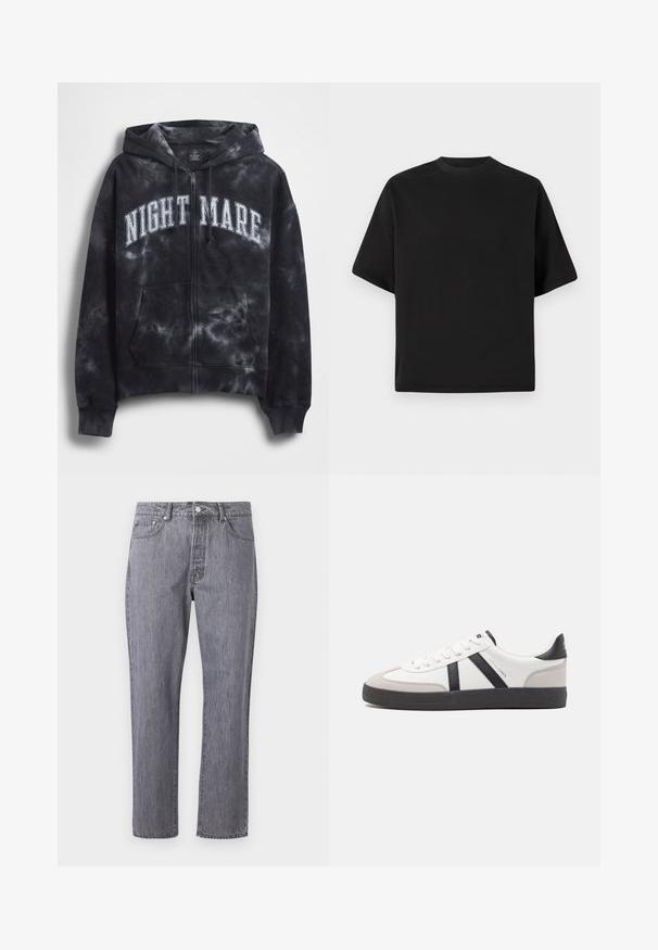 Schwarz batikfarbener Zip-Hoodie mit weißem "NIGHT MARE"-Schriftzug auf der Brust, mit Kapuze und Fronttasche. Strukturierter Stoff.; Schwarzes T-Shirt mit kurzen Ärmeln in lockerer Passform, aus glattem Baumwollmaterial, mit rundem Ausschnitt und minimalistischem Design.; Graue Denim-Jeans mit geradem Bein, fünf Taschen, Knopfverschluss und einem subtilen Used-Look auf der Stoffoberfläche.; Weiße Sneaker mit schwarz- und grau-aczenten, ausgestattet mit einer strukturierten grauen Zehenkappe, schwarzer Gummi-Sohle und flachen weißen Schnürsenkeln. Sauberes Design, minimalistische Stil.
