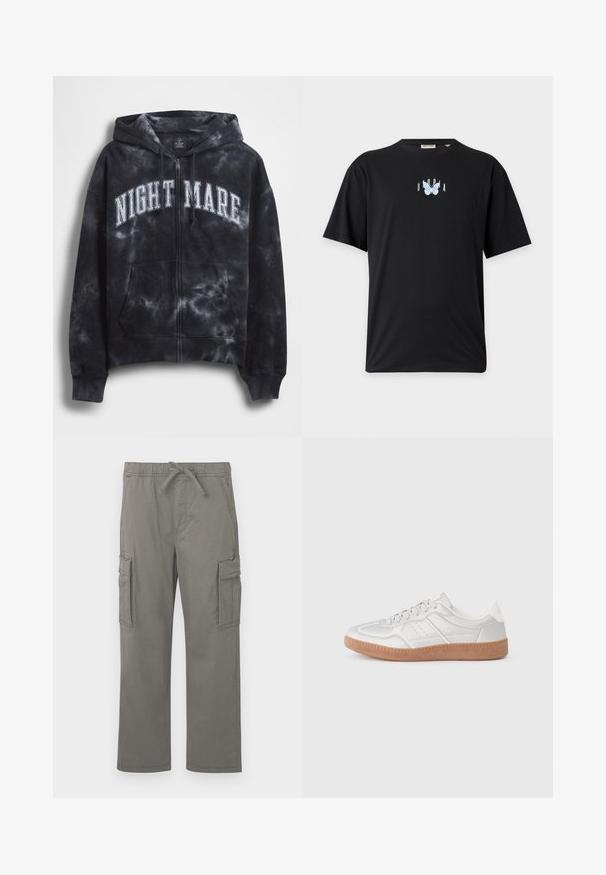 Zwarte tie-dye zip-up hoodie met de tekst "NIGHT MARE" in wit over de borst, voorzien van een capuchon en een zak aan de voorkant. Gestructureerde stof.; Zwart t-shirt met korte mouwen, een kleine lichtblauwe vlinder en de tekst "Utopia" gecentreerd op de borst onder de halslijn.; Grijze rechte cargobroek met elastische tailleband, trekkoord, zijflapzakken en voorste schuine zakken op een witte achtergrond.; Zilveren sneakers met een gladde textuur, vetersluiting, geperforeerde accenten en een gestructureerde bruine rubberen zool.
