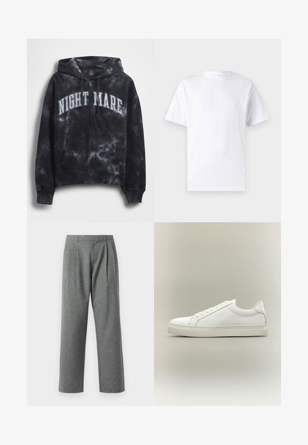 Sort tie-dye hættejakke med lynlås og teksten "NIGHT MARE" i hvid tværs over brystet, med hætte og frontlomme. Tekstureret stof.; Hvid kortærmet t-shirt lavet af bomuld med rund hals, der har en glat tekstur og et simpelt design uden mønstre eller accenter.; Grå, lige ben bukser lavet af tekstureret stof, med plisseringer foran og et almindeligt taljebånd, uden synlige lommer.; Hvid lavtop sneaker med snørebånd foran og tyk sål, vist fra siden mod en neutral baggrund.