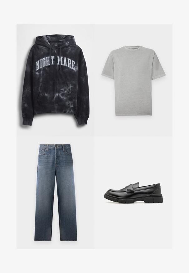 Sudadera con capucha con cremallera y diseño de teñido anudado negro, con el texto "NIGHT MARE" en blanco en el pecho, que cuenta con capucha y bolsillo frontal. Tejido texturizado.; Camiseta gris claro lisa de manga corta con cuello redondo y dobladillo recto, mostrada sobre un fondo blanco.; Jeans de denim en azul medio con un diseño de pierna recta, que cuentan con cinco bolsillos, un cierre de botón y cremallera, y efectos de desgaste sutiles.; Mocasin de cuero negro con una cinta ancha en el empeine, suela de goma con tacos gruesos y textura suave. Diseño clásico y elegante.