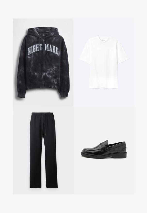 Sort tie-dye hættejakke med lynlås og teksten "NIGHT MARE" i hvid tværs over brystet, med hætte og frontlomme. Tekstureret stof.; Enkel hvid T-shirt med korte ærmer og rund hals med afslappet pasform, vist på en lys baggrund.; Abercrombie & Fitch ESSENTIAL BAGGY OPEN HEM CASUAL - Træningsbukser - black; Sorte læder loafers med en glat finish, rund tå, lav hæl og dekorativ syning langs forsiden. Gummisål for godt greb.