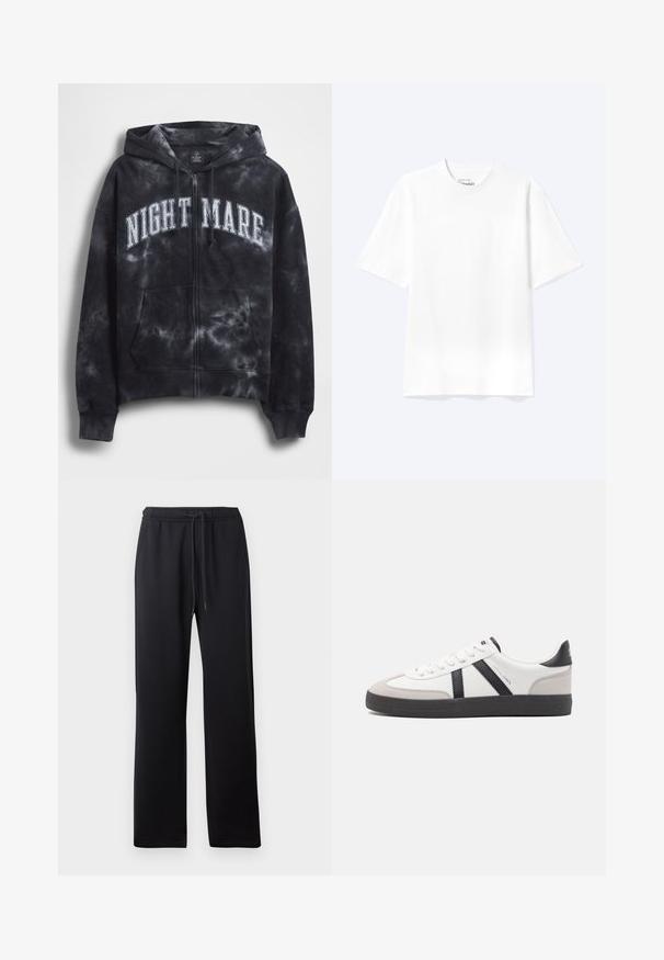 Sudadera con capucha con cremallera y diseño de teñido anudado negro, con el texto "NIGHT MARE" en blanco en el pecho, que cuenta con capucha y bolsillo frontal. Tejido texturizado.; Camiseta lisa blanca de manga corta y cuello redondo con un corte relajado, mostrada sobre un fondo claro.; Abercrombie & Fitch ESSENTIAL BAGGY OPEN HEM CASUAL - Pantalones deportivos - black; Zapatilla blanca con acentos en negro y gris, que presenta una puntera texturizada en gris, suela de goma negra y cordones planos blancos. Diseño limpio, estilo minimalista.
