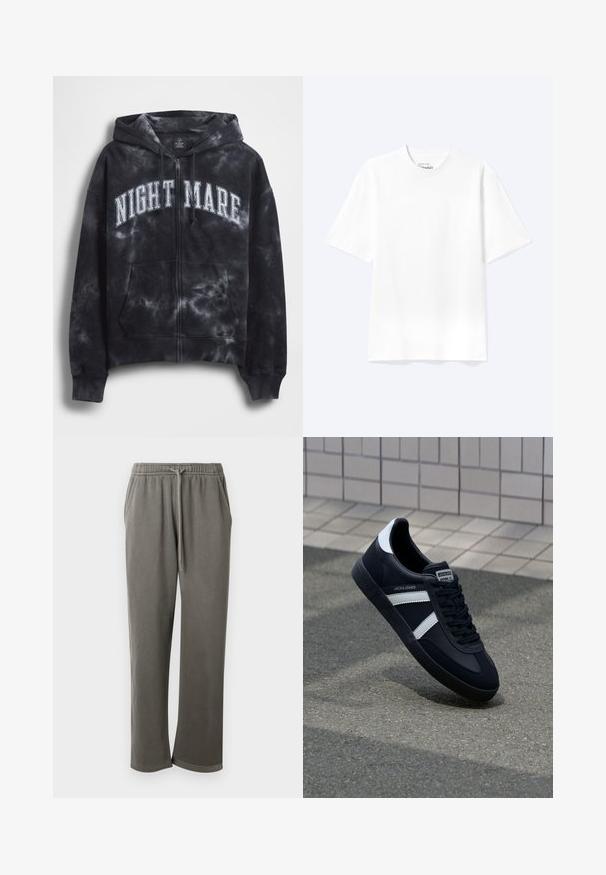 Sort tie-dye hættejakke med lynlås og teksten "NIGHT MARE" i hvid tværs over brystet, med hætte og frontlomme. Tekstureret stof.; Enkel hvid T-shirt med korte ærmer og rund hals med afslappet pasform, vist på en lys baggrund.; Grå bomulds-sweatpants med elastisk talje og snor, med sidelommer og en afslappet pasform hele vejen ned ad benene.; Sort lædersneaker med hvide striber, tekstureret gummisål og snørrebånd foran. Har et brandet mærke på tungen.