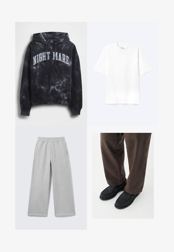 Sort tie-dye hættejakke med lynlås og teksten "NIGHT MARE" i hvid tværs over brystet, med hætte og frontlomme. Tekstureret stof.; Enkel hvid T-shirt med korte ærmer og rund hals med afslappet pasform, vist på en lys baggrund.; Lysegrå sweatpants med vide ben, elastisk linning og sidelommer vist på en ensfarvet baggrund.; Sorte lædersko med glat finish, rundet tå og snøredesign, kombineret med teksturerede brune bukser. Set fra gulvniveau.
