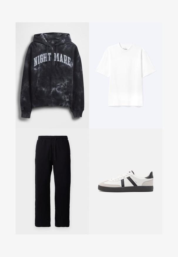 Sort tie-dye hættejakke med lynlås og teksten "NIGHT MARE" i hvid tværs over brystet, med hætte og frontlomme. Tekstureret stof.; Enkel hvid T-shirt med korte ærmer og rund hals med afslappet pasform, vist på en lys baggrund.; Sorte sweatpants lavet af bomuld, med elastisk talje og snore, lige ben design, og uden synlige mønstre eller detaljer.; Hvide sneakers med sorte og grå detaljer, med en tekstureret grå tåhætte, sort gummisål og flade hvide snørebånd. Rent design, minimalistisk stil.