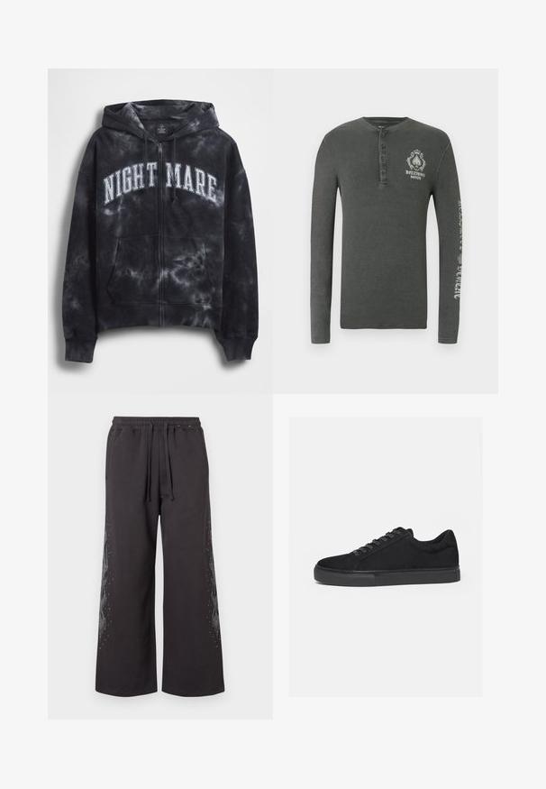Sort tie-dye hættejakke med lynlås og teksten "NIGHT MARE" i hvid tværs over brystet, med hætte og frontlomme. Tekstureret stof.; Langærmet henley skjorte i mørkegrå waffle-strik, med knaplukning og grafisk print på brystet og ærmet.; Sorte, bredbenede sweatpants med elastisk talje, med en flammendesign på siden i grå, prydet med små rhinsten.; Sort lavtop sneaker med snørelukning foran og flad gummisål, vist fra siden på en hvid baggrund.