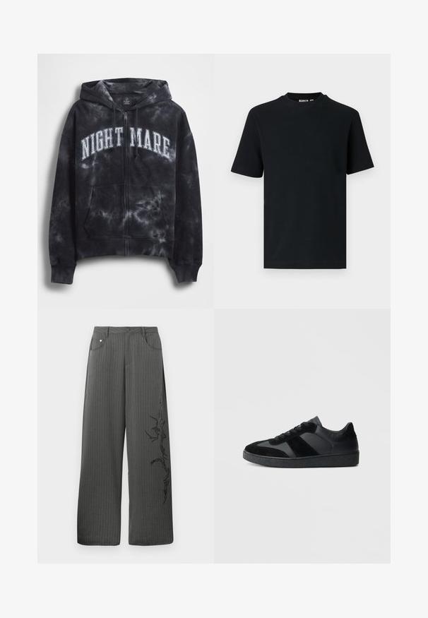 Sort tie-dye hættejakke med lynlås og teksten "NIGHT MARE" i hvid tværs over brystet, med hætte og frontlomme. Tekstureret stof.; Sort kortærmet ribstrikket T-shirt med rund hals og et lille synligt mærke indeni kraven.; Bredbenede, mørkegrå stofbukser med striber, som har forlommer og et sort dekorativt print på venstre side.; Sorte sneakers med en kombination af glat læder og ruskind, med en tekstureret sort gummisål og subtil stripingdetalje.