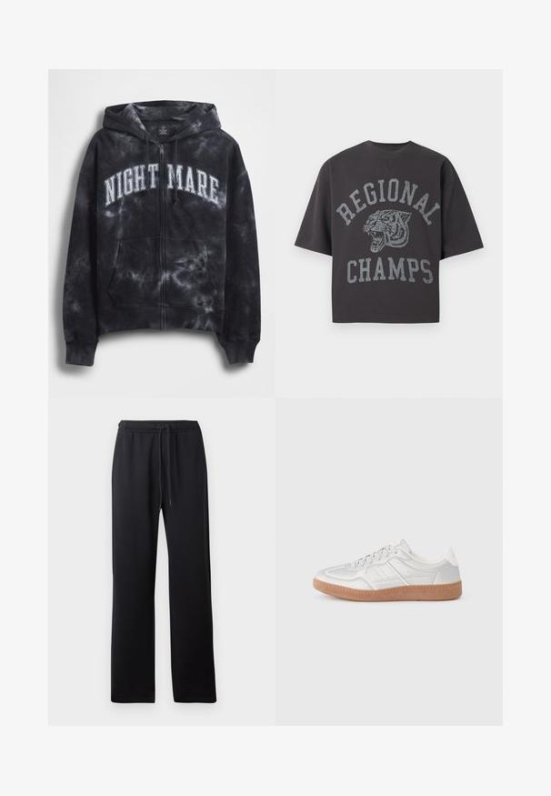 Sort tie-dye hættejakke med lynlås og teksten "NIGHT MARE" i hvid tværs over brystet, med hætte og frontlomme. Tekstureret stof.; Sort kortærmet skjorte med rund hals, med et brølende tiger-grafik og grå tekst "REGIONAL CHAMPS" på fronten.; Abercrombie & Fitch ESSENTIAL BAGGY OPEN HEM CASUAL - Træningsbukser - black; Sølv sneakers med en glat overflade, snørebånd, perforerede detaljer og en struktureret brun gummi sål.
