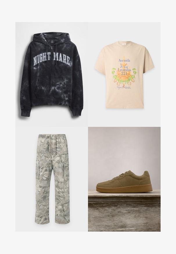 Zwarte tie-dye zip-up hoodie met de tekst "NIGHT MARE" in wit over de borst, voorzien van een capuchon en een zak aan de voorkant. Gestructureerde stof.; Beige t-shirt met korte mouwen met blauwe en oranje tekst "Avenida de las Lavandas 221" en groene botanische print aan de voorkant.; Camo cargobroek in grijs en beige tinten, met een elastische tailleband, trekkoord en zijzakken. Gemaakt van lichtgewicht stof.; Olijfgroene sneaker met veters zwevend boven een houten bankje, met vervaagde groene bladeren op de achtergrond.