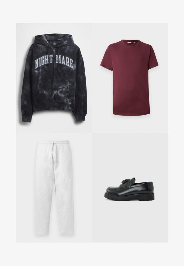 Sort tie-dye hættejakke med lynlås og teksten "NIGHT MARE" i hvid tværs over brystet, med hætte og frontlomme. Tekstureret stof.; Burgunder crew neck t-shirt i blød bomuld, kortærmet, klassisk pasform, har en lige kant uden mønstre eller hardwaredetaljer.; Lys grå sweatpants lavet af blødt materiale, med en elastisk talje med snøre og en afslappet pasform.; Sort læderloafer med kvaster, tyk gummisål og lav hæl, vist i sideprofil på en ensfarvet baggrund.