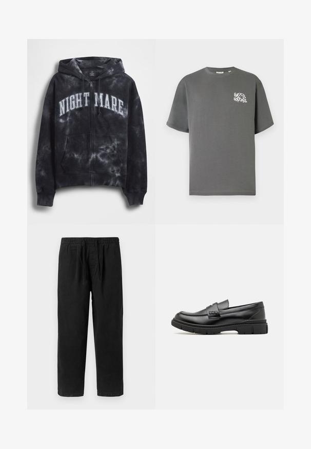Sort tie-dye hættejakke med lynlås og teksten "NIGHT MARE" i hvid tværs over brystet, med hætte og frontlomme. Tekstureret stof.; Grå bomuld T-shirt med korte ærmer og rund halsudskæring, med hvid tekst "HAPPY HOLIDAYS" i graffiti-stil på forsiden.; Sorte bomuldsbukser med elastisk talje og snor, der har et afslappet fit og lige ben uden lommer.; Sort læder loafersko med en bred rem over forfoden, gummisål med tykke mønstre og glat overflade. Klassisk, slankt design.